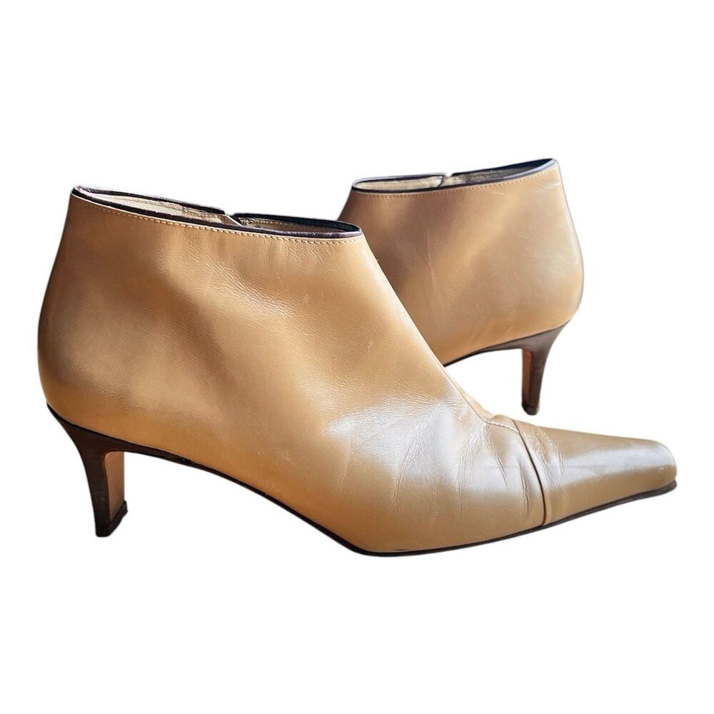 Italian Leather Ankle Bootie Camel TanPointed Square Toe Wood Kitten Heel 8M